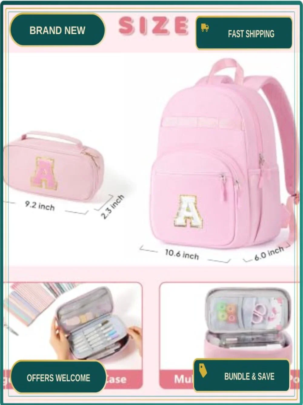 Personalized Initial Girls Backpack for School - Lightweight Pencil Case